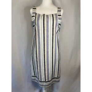 Sharagans Linen Shift Dress Women 6 Blue Beige Strips Open Back Coastal Beach